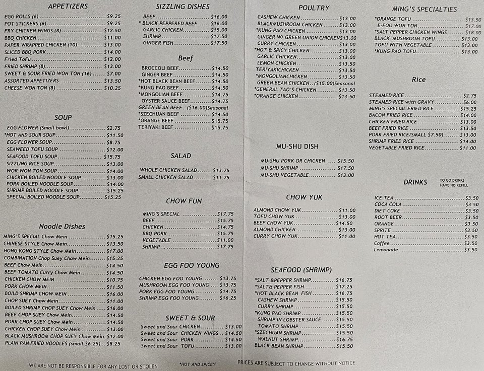 Printed menu with soups and noodle dishes.