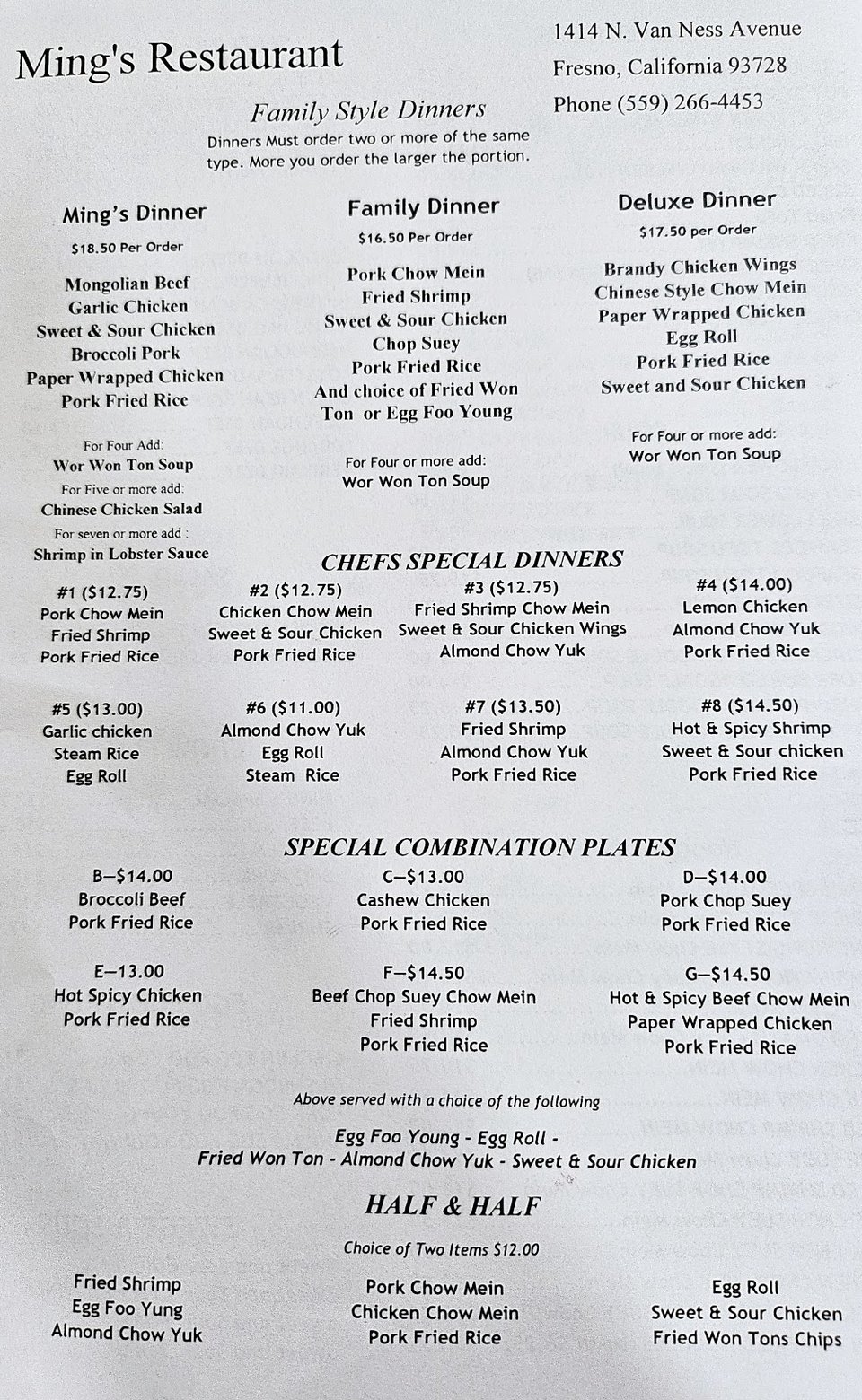 Restaurant menu featuring familiar noodle soup choices.